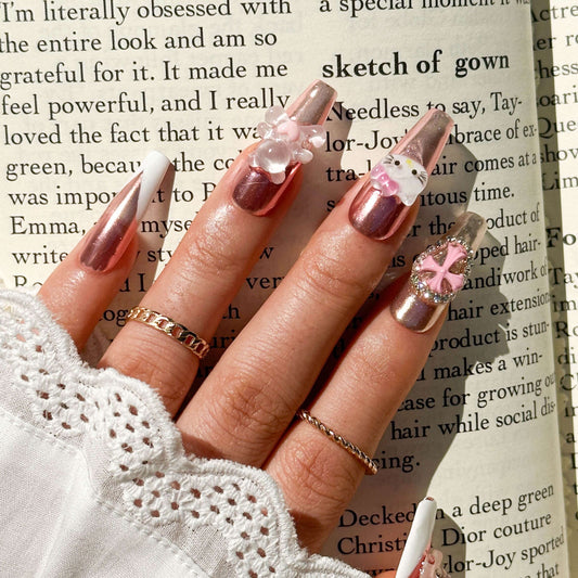 Uñas hechas a mano dibujos animados lindo gatito abrazo oso cromo corazones Cruz Bowknot