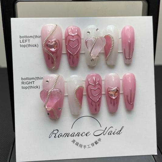 Clavo hecho a mano con Sweet Love Net Red Nail Lazy Pure Desirable Extraíble Press on Nail