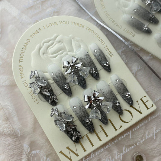 【Hecho a mano】Nuevo copo de nieve saltando, mariposa de terciopelo gris degradado, diamante triturado