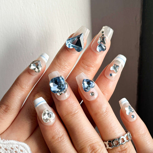 Nuevo Manual Nail Blue White Pile Diamond Swarovski Desnudo Mujer Embarazada Extraíble Uñas Falsas Repetidas 