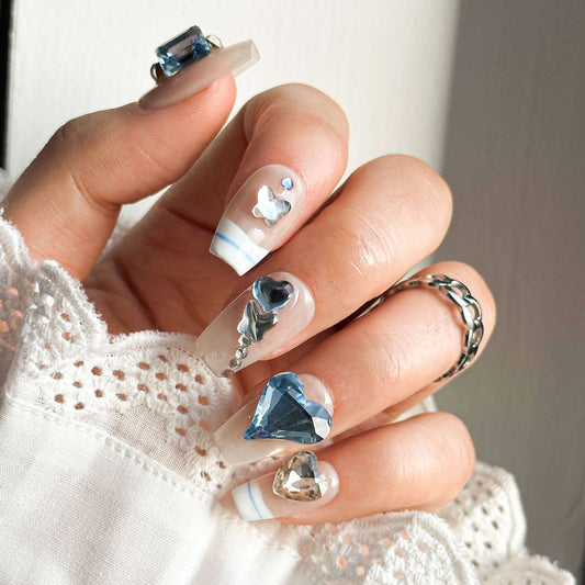 Nuevo Manual Nail Blue White Pile Diamond Swarovski Desnudo Mujer Embarazada Extraíble Uñas Falsas Repetidas 